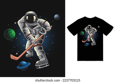 Astronaut playing hockey in space illustration with tshirt design premium vector the Concept of Isolated Technology. Flat Cartoon Style Suitable for Landing Web Pages, Banners, Flyers, Stickers, Cards