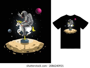 Astronaut playing horse toy illustration with tshirt design premium vector the Concept of Isolated Technology. Flat Cartoon Style Suitable for Landing Web Pages, Banners, Flyers, Stickers, Cards