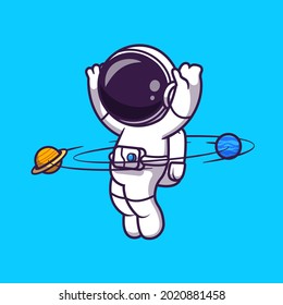 Astronaut Playing Hula Hoop Planet  Cartoon Vector Icon Illustration. Science Technology Icon Concept Isolated Premium Vector. Flat Cartoon Style