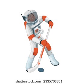 Astronaut playing ice hockey vector illustration. Cartoon isolated player spaceman holding stick to kick puck, action of cosmonaut athlete on galaxy tournament, astronaut in helmet and spacesuit