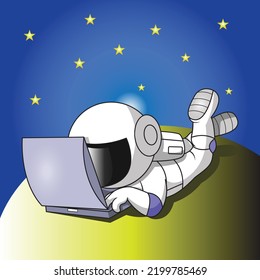 astronaut playing laptop on the moon