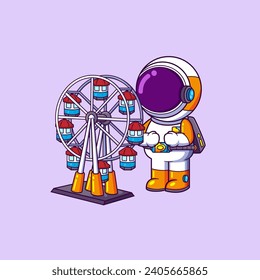 Astronaut playing the mini ferris wheel cartoon character of illustration