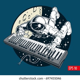 Astronaut playing piano synthesizer in space. Space tourist. Vector illustration.