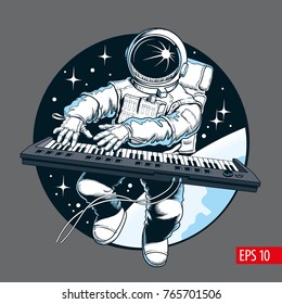 Astronaut playing piano synthesizer in space. Space tourist. Vector illustration.