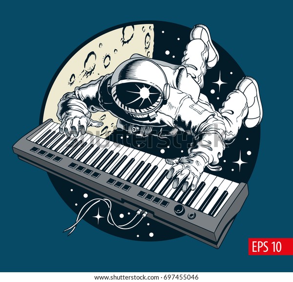 宇宙でピアノシンセサイザーを弾く宇宙飛行士 宇宙旅行者 ベクターイラスト のベクター画像素材 ロイヤリティフリー