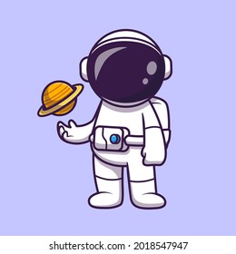 Astronaut Playing Planet Ball Cartoon Vector Icon Illustration. Science Sport Icon Concept Isolated Premium Vector. Flat Cartoon Style