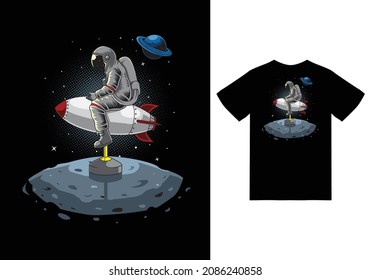 Astronaut playing rocket toy illustration with tshirt design premium vector the Concept of Isolated Technology. Flat Cartoon Style Suitable for Landing Web Pages, Banners, Flyers, Stickers, Cards