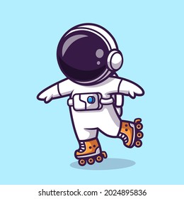 Astronaut Playing Roller Skate Cartoon Vector Icon Illustration. Science Sport Icon Concept Isolated Premium Vector. Flat Cartoon Style