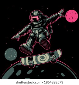 Astronaut playing skateboard cartoon vector icon illustration. A sport cosmonaut with skateboard on the space between stars planets galaxies. Good for poster, logo, sticker, or apparel merchandise.