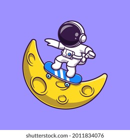 Astronaut Playing Skateboard On Moon Cartoon Vector Icon Illustration. Science Sport Icon Concept Isolated Premium Vector. Flat Cartoon Style