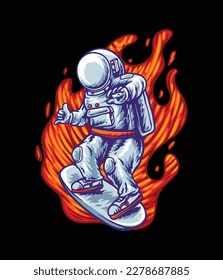 Astronaut playing skateboard outer space Illustration