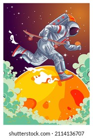 Astronaut Playing Skateboard In The Space