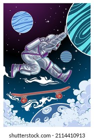 astronaut playing skateboard in space