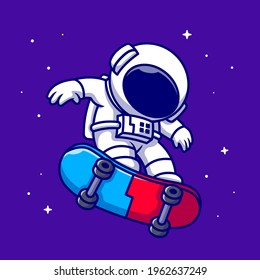 Astronaut Playing Skateboard In Space Cartoon Vector Icon Illustration. Science SportSpace Icon Concept Isolated Premium Vector. Flat Cartoon Style