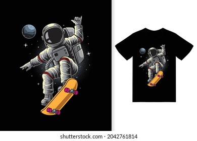 Astronaut Playing Skateboard In Space Illustration With Tshirt Design Premium Vector The Concept Of Isolated Technology. Flat Cartoon Style Suitable For Landing Web Pages, Banners