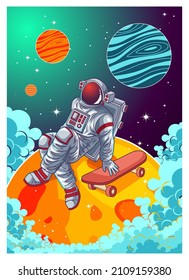 astronaut playing skateboard in space illustration
