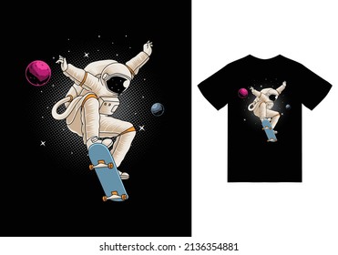 Astronaut Playing Skateboard In Space Illustration With Tshirt Design Premium Vector The Concept Of Isolated Technology. Flat Cartoon Style Suitable For Landing Web Pages, Banners, Flyers, Stickers