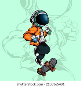 THE ASTRONAUT PLAYING SKATEBOARD WITH TWO SPRAY PAINT