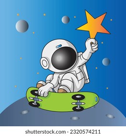 an astronaut playing skateboard while plucking stars