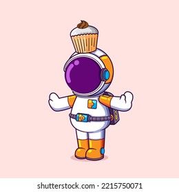 The astronaut is playing with small sweet cake on the top of his head of illustration