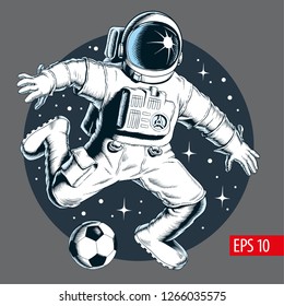 Astronaut playing soccer or football in space. Vector illustration.