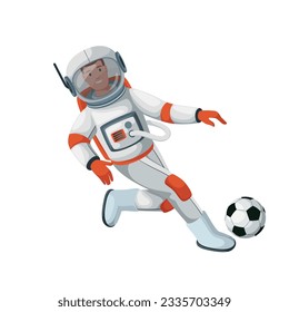 Astronaut playing soccer vector illustration. Cartoon isolated spaceman in spacesuit and helmet running to kick ball with foot, astronaut athlete flying, jumping to play sport game at space match