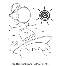 Astronaut playing surf board in the ocean for coloring