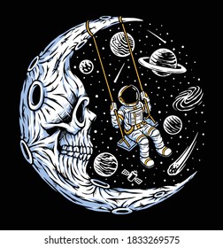 Astronaut playing swing on skull moon illustration