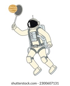 Astronaut playing tennis on white background