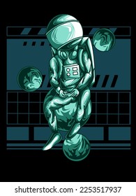 astronaut playing video games in space, modern vector illustration, suitable for print on t-shirts, clothing, apparel, merchandise, stickers, posters.