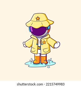 The astronaut is playing the water in rainy day while wearing raincoat of illustration
