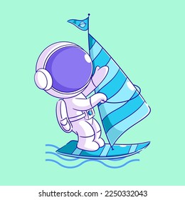 Astronaut playing windsurfing in the ocean
