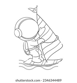 Astronaut playing windsurfing in the ocean for coloring