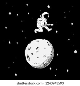 The astronaut plays the electric guitar. On the background of the moon