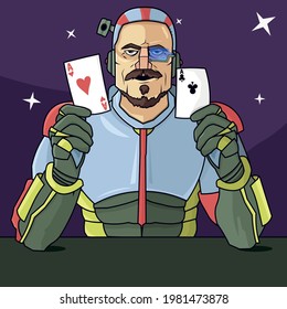 The astronaut plays poker cards. An astronaut in a spacesuit plays cards or poker in open space against a background of stars. Card game. Cartoon colorful vector illustration.