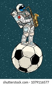 Astronaut plays saxophone on a football soccer ball. Pop art retro vector illustration comic cartoon kitsch drawing