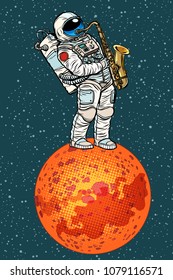astronaut plays saxophone on Mars. Pop art retro vector illustration comic cartoon kitsch drawing