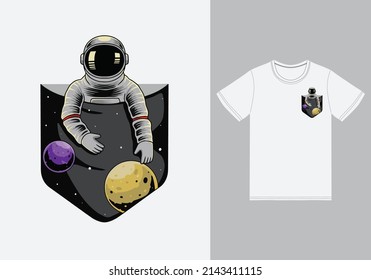 Astronaut in pocket illustration with tshirt design premium vector The Concept of Isolated Technology. Flat Cartoon Style Suitable for Landing Web Pages, Banners, Flyers, Stickers, Cards