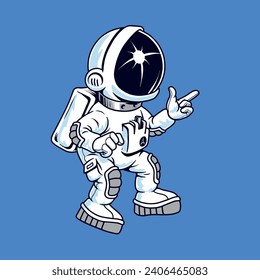 Astronaut pointing hand. Cute spaceman in spacesuit isolated. Space exploration character. Cartoon comic style flat vector illustration.