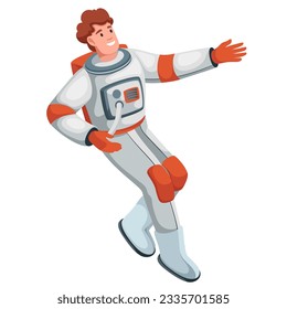 Astronaut pointing hand vector illustration. Cartoon isolated happy spaceman character in astro suit and without helmet floating in zero gravity inside spacecraft, cosmic flight pose of astronaut