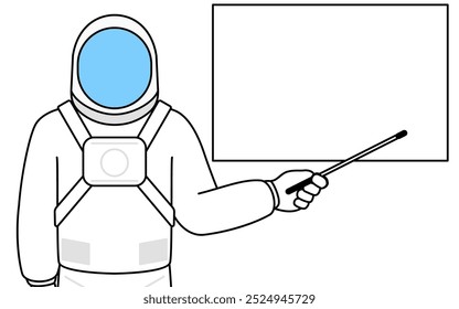 Astronaut pointing at a whiteboard with an indicator stick, Vector Illustration