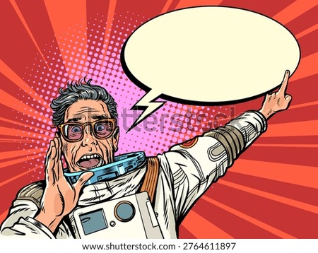 An astronaut points. A message about incredible discounts. An announcement for customers. Pop Art Retro Vector Illustration Kitsch Vintage 50s 60s Style