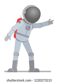 The astronaut points to something with a finger. Vector illustration, flat design style. Isolated on a white background.