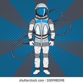 Astronaut in pop art style. Cosmonaut on blue background for your design.