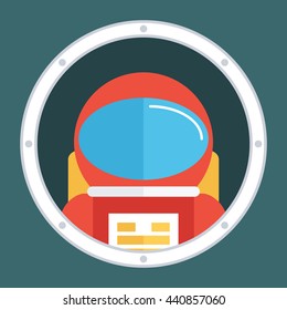 Astronaut in porthole. Spaceman icon. Flat style design vector illustration.