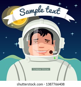 Astronaut Portrait. Vector Isolated Graphic Design Illustration. Cosmonaut, spaceman, spase suit, helmet, armor, moon scene, space, stars, microphone. Comic, Cartoon, Flat Style Avatar. 