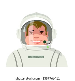Astronaut Portrait. Vector Isolated Graphic Design Illustration. Cosmonaut, spaceman, spase suit, helmet, armor, microphone. Comic, Cartoon, Flat Style Avatar. 