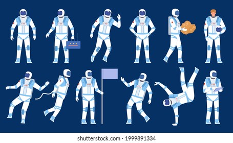 Astronaut poses. Spaceman dancer, stand with flag, float in space. Flat character in cosmonaut suit and helmet. Cosmic explorers vector set. Illustration astronaut and spaceman, cosmonaut characters