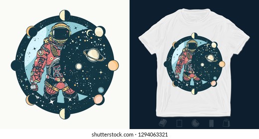 Astronaut. Print for t-shirts and another, trendy apparel design. Cosmonaut in universe, solar eclipse. Spaceman. Symbol of science, astronomy, education 