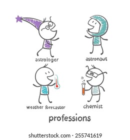 astronaut profession, astrologer, meteorologist, chemist, illustration